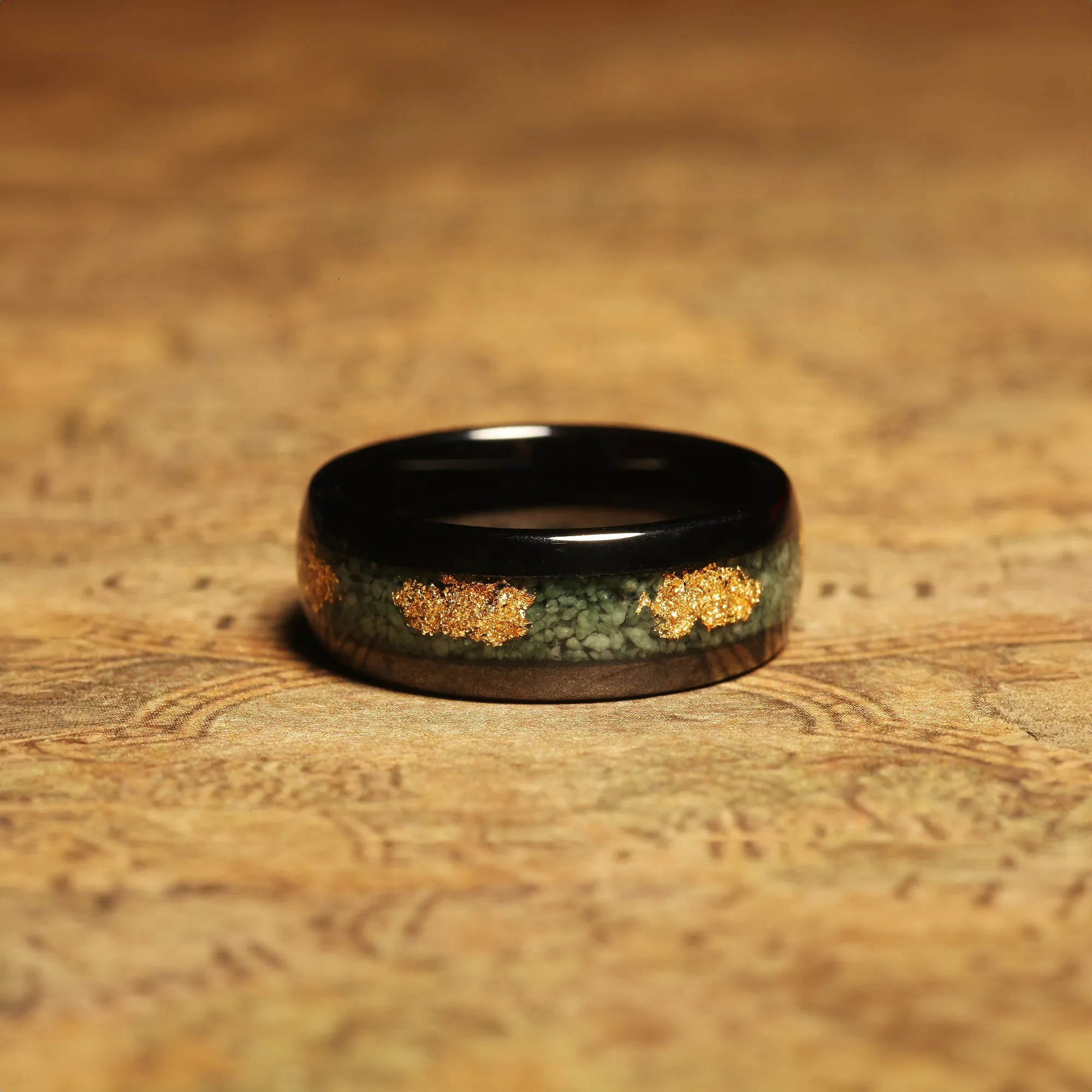 "Forest Glow" Gold Tungsten Wedding Band with Moss Agate Inlay and Green Accents for Men