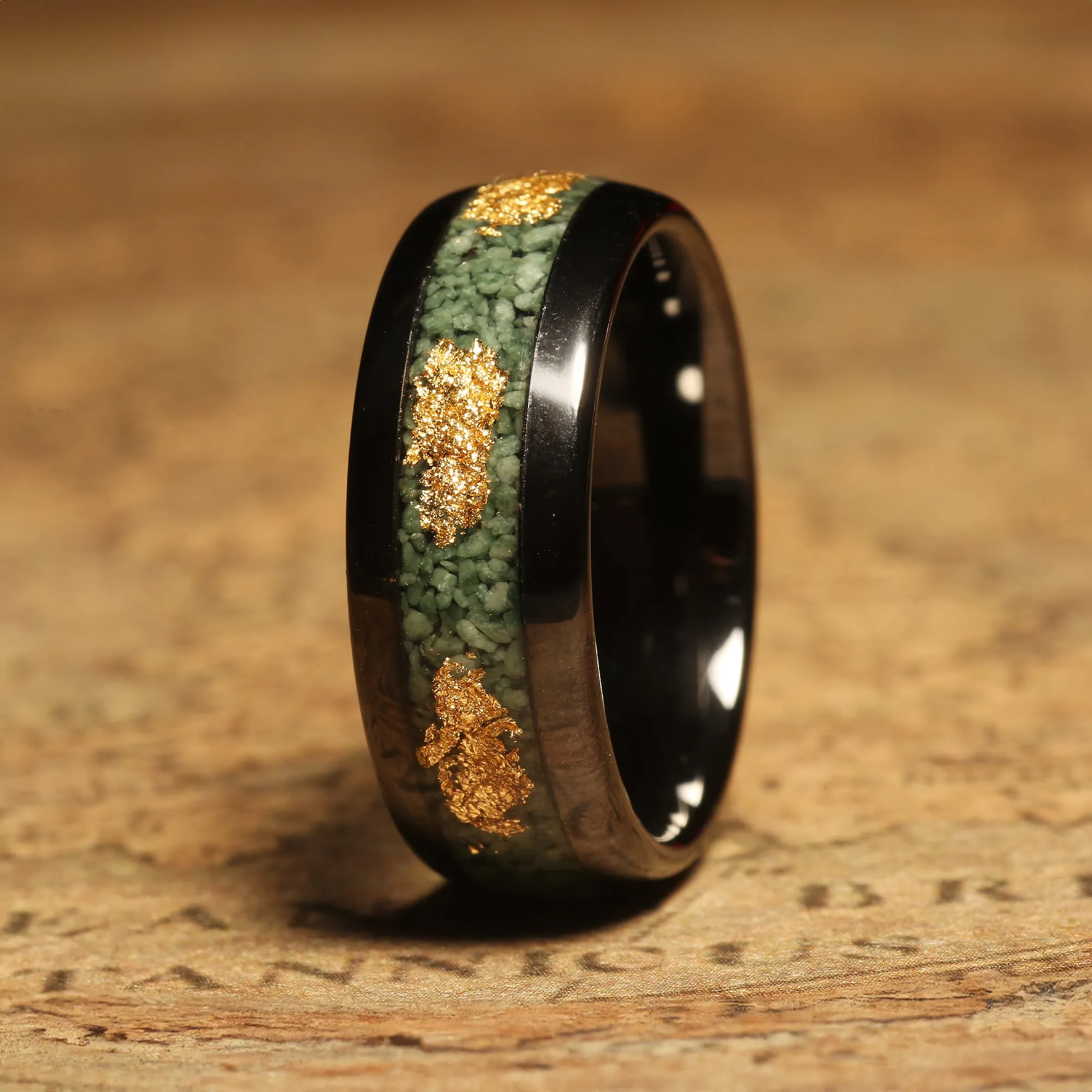 "Forest Glow" Gold Tungsten Wedding Band with Moss Agate Inlay and Green Accents for Men