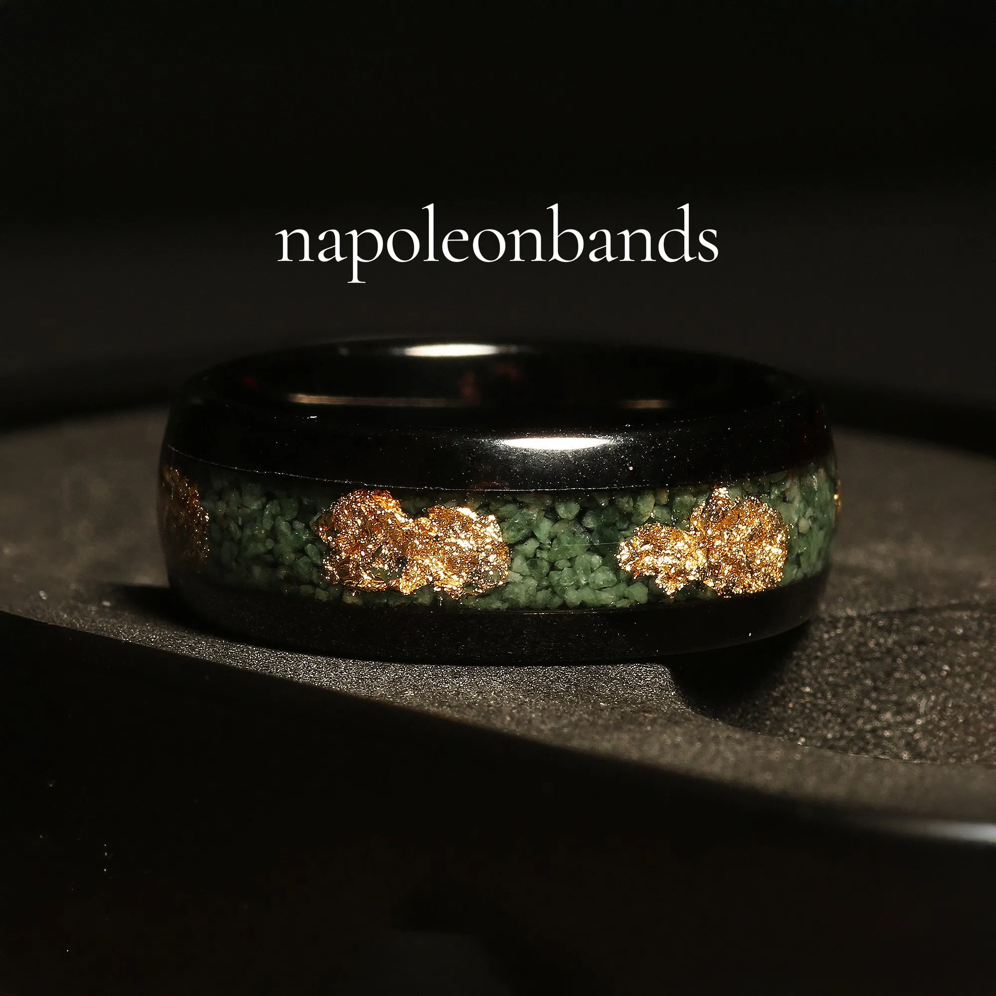 "Forest Glow" Gold Tungsten Wedding Band with Moss Agate Inlay and Green Accents for Men