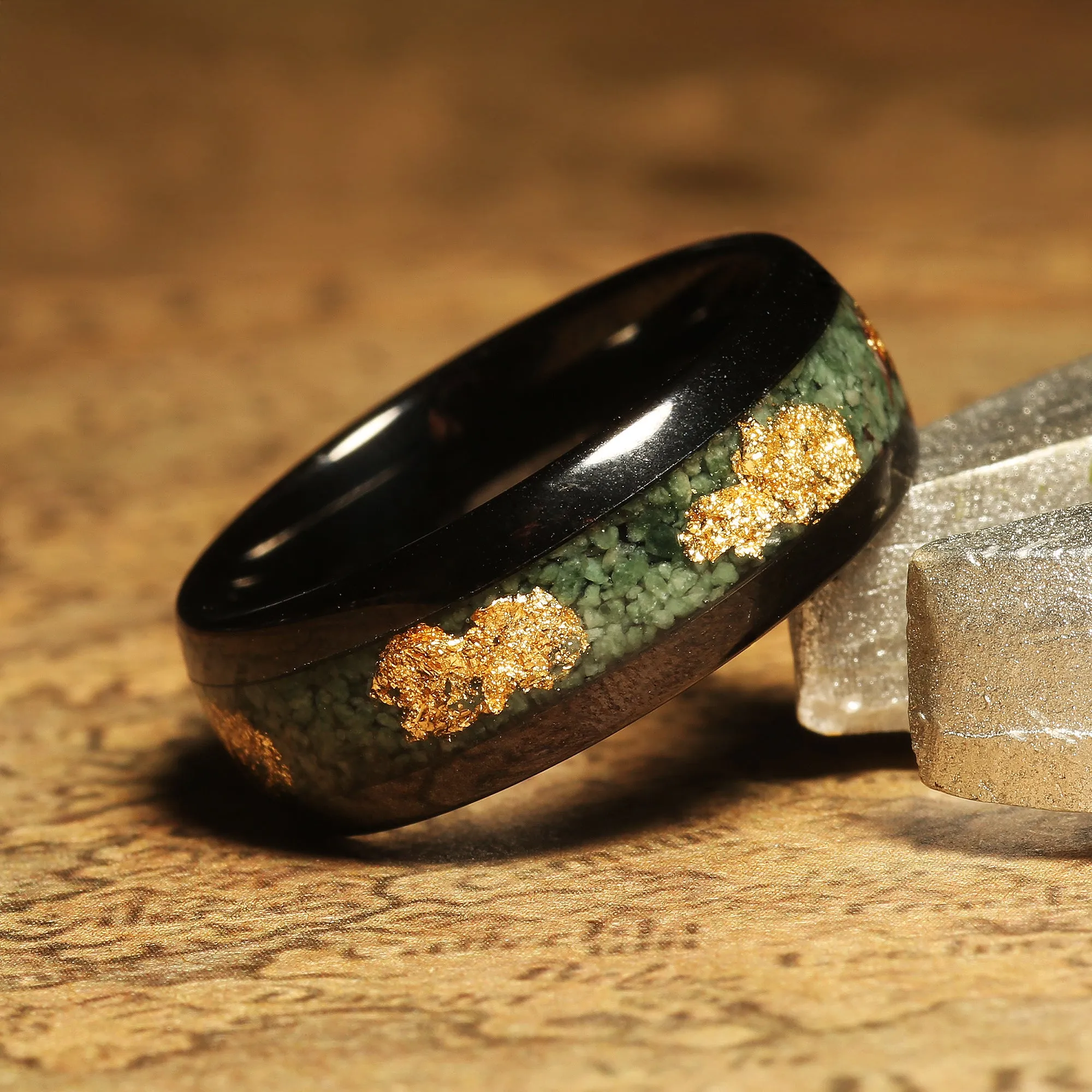 "Forest Glow" Gold Tungsten Wedding Band with Moss Agate Inlay and Green Accents for Men