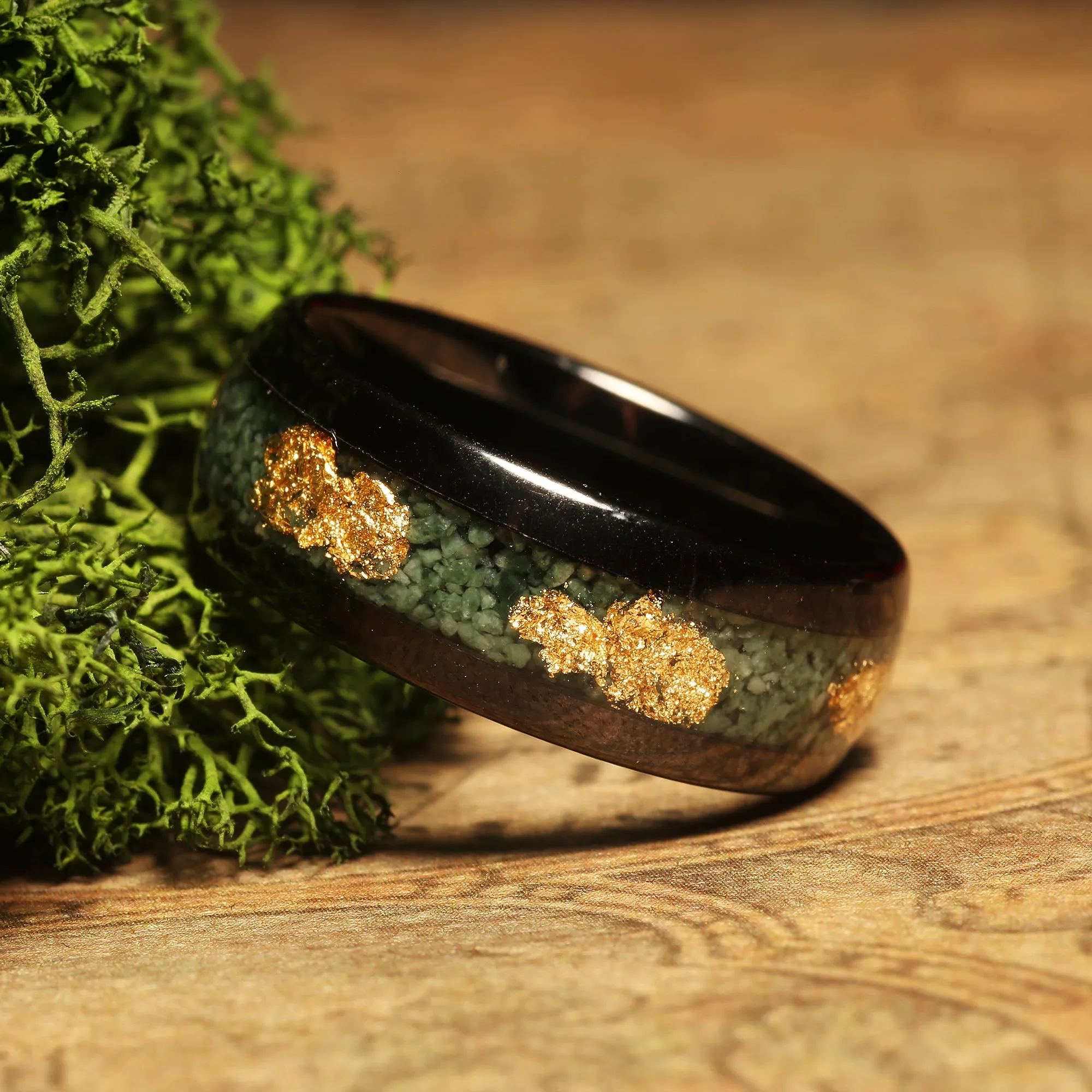 "Forest Glow" Gold Tungsten Wedding Band with Moss Agate Inlay and Green Accents for Men