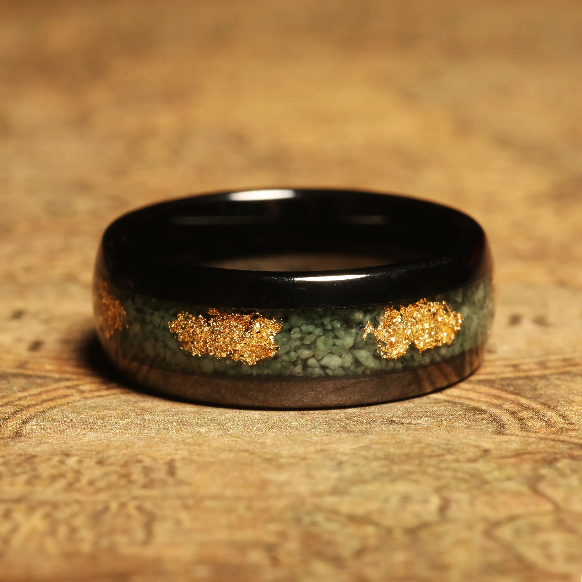 "Forest Glow" Gold Tungsten Wedding Band with Moss Agate Inlay and Green Accents for Men