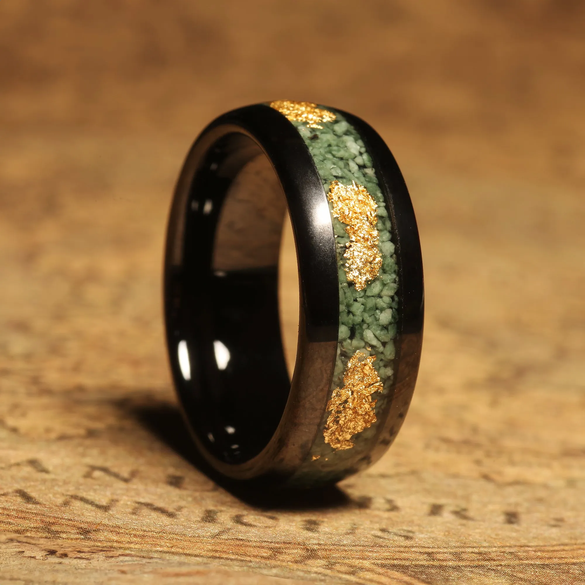 "Forest Glow" Gold Tungsten Wedding Band with Moss Agate Inlay and Green Accents for Men