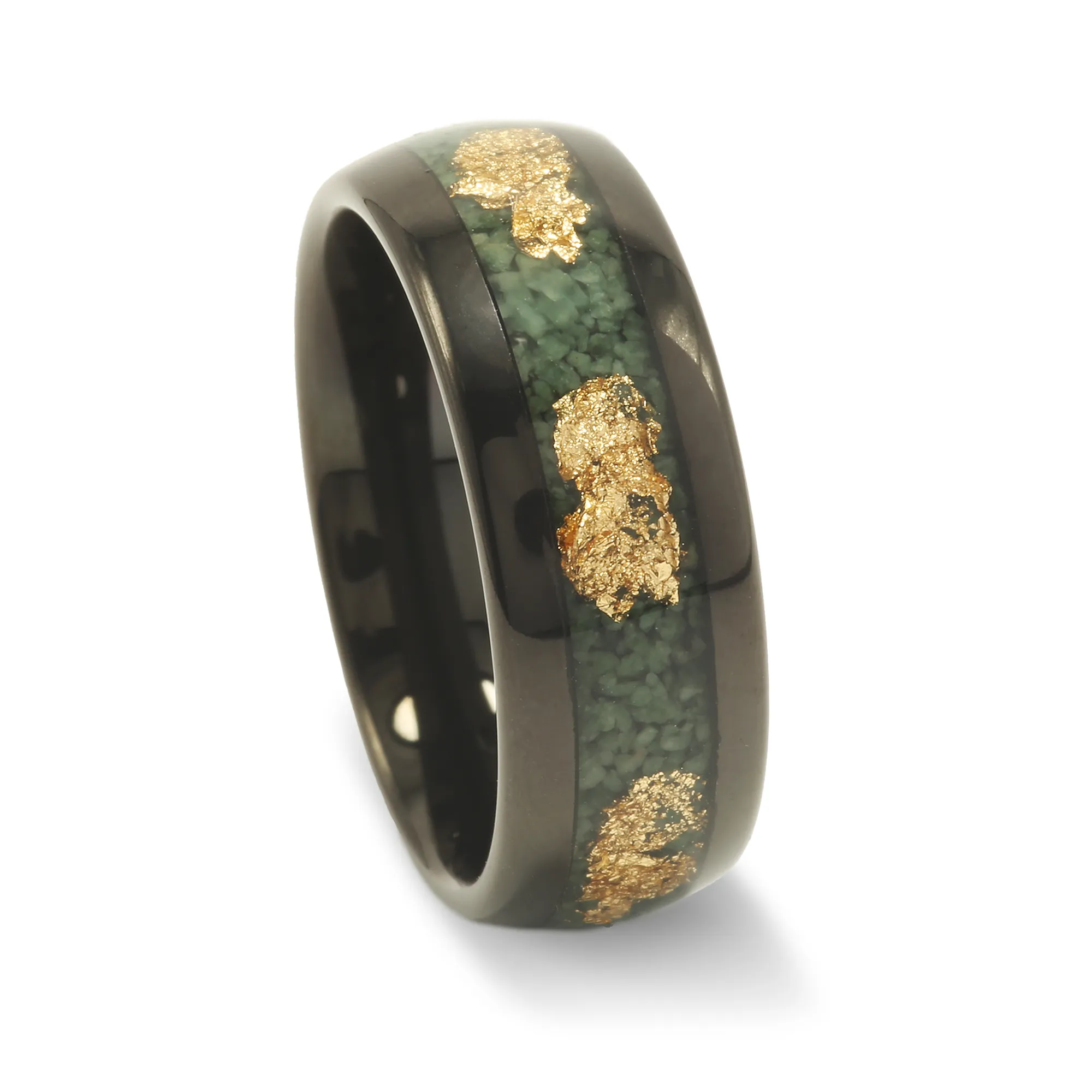 "Forest Glow" Gold Tungsten Wedding Band with Moss Agate Inlay and Green Accents for Men