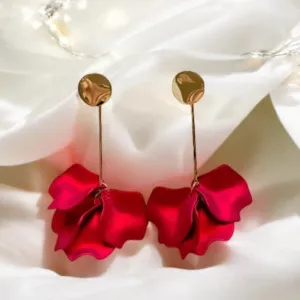 Red - Hot christmas red iridescent flower earrings | roses petals baroque earrings | unique golden bar floral earrings | bridal wedding earrings