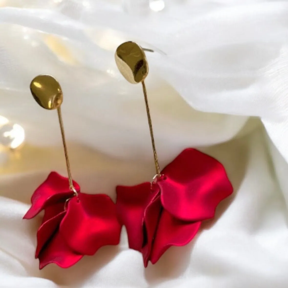 Red - Hot christmas red iridescent flower earrings | roses petals baroque earrings | unique golden bar floral earrings | bridal wedding earrings