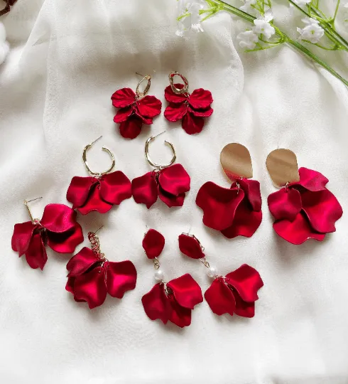 Red - Hot christmas red iridescent flower earrings | roses petals baroque earrings | unique golden bar floral earrings | bridal wedding earrings