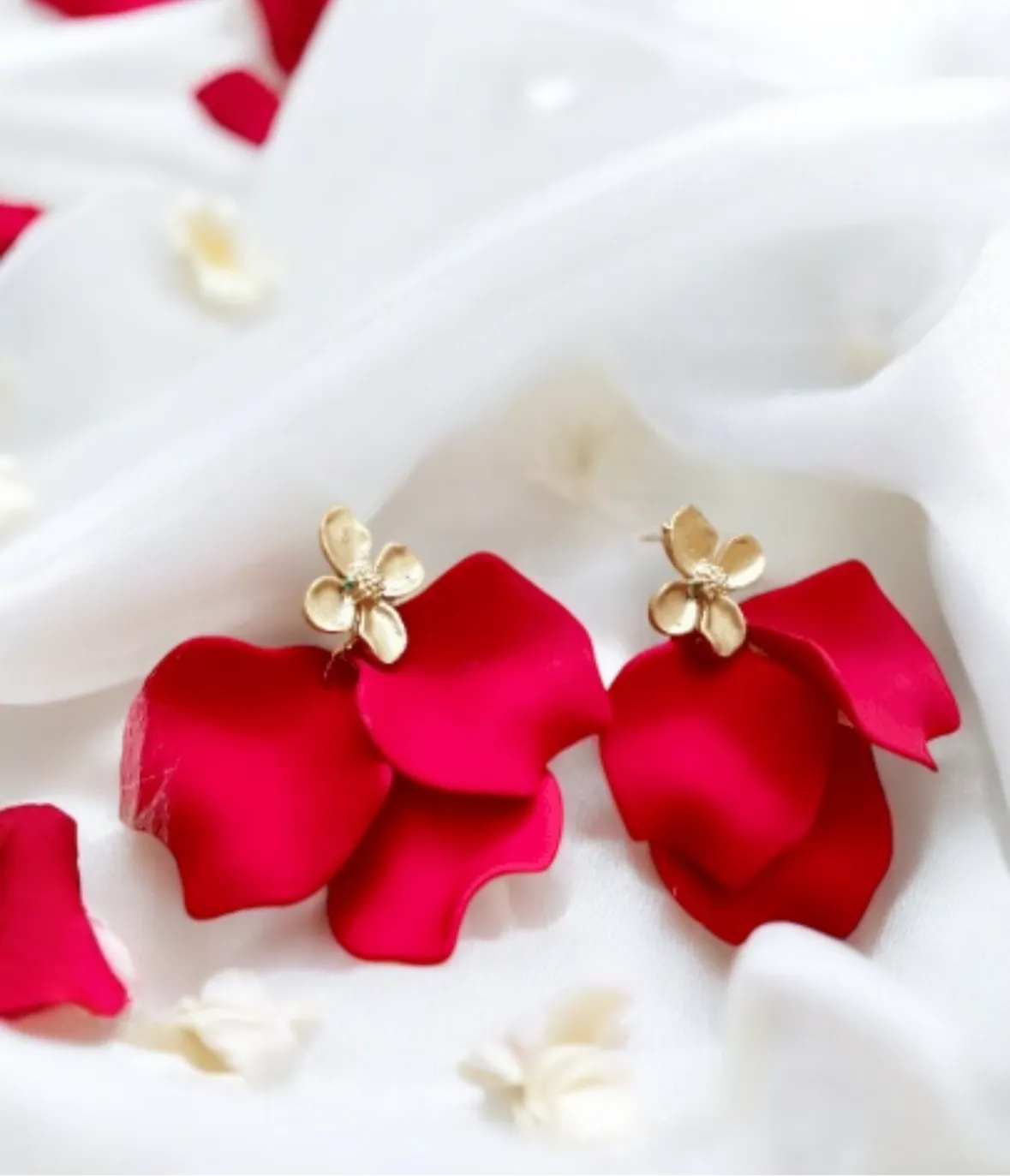 Red - Hot red flower earrings | dangle petals baroque earrings | unique golden chain floral earrings | bridal party wedding earrings