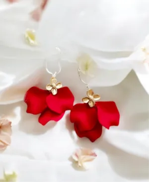 Red - Hot red flower earrings | dangle petals baroque earrings | unique golden chain floral earrings | bridal party wedding earrings