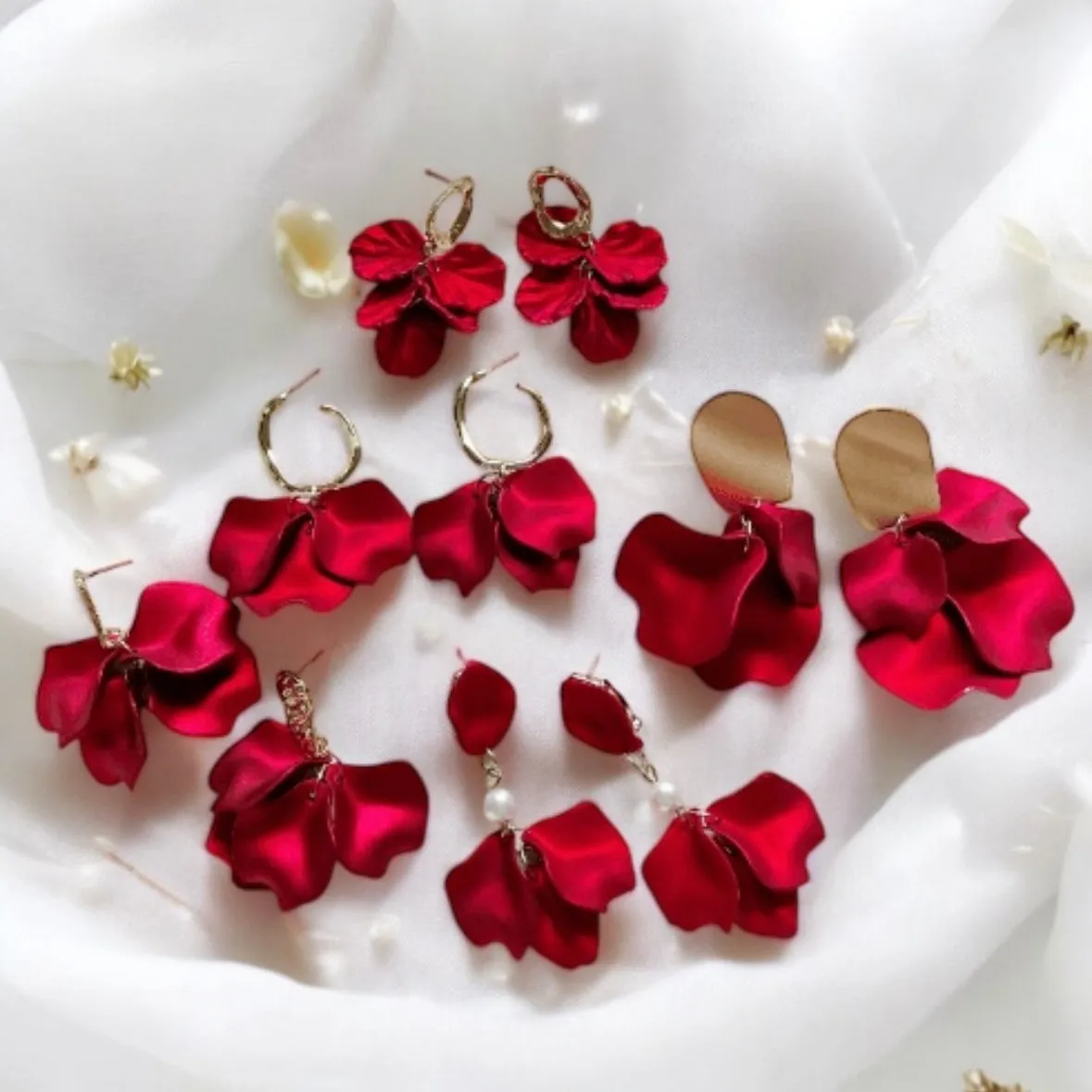 Red - Hot red flower earrings | dangle petals baroque earrings | unique golden chain floral earrings | bridal party wedding earrings