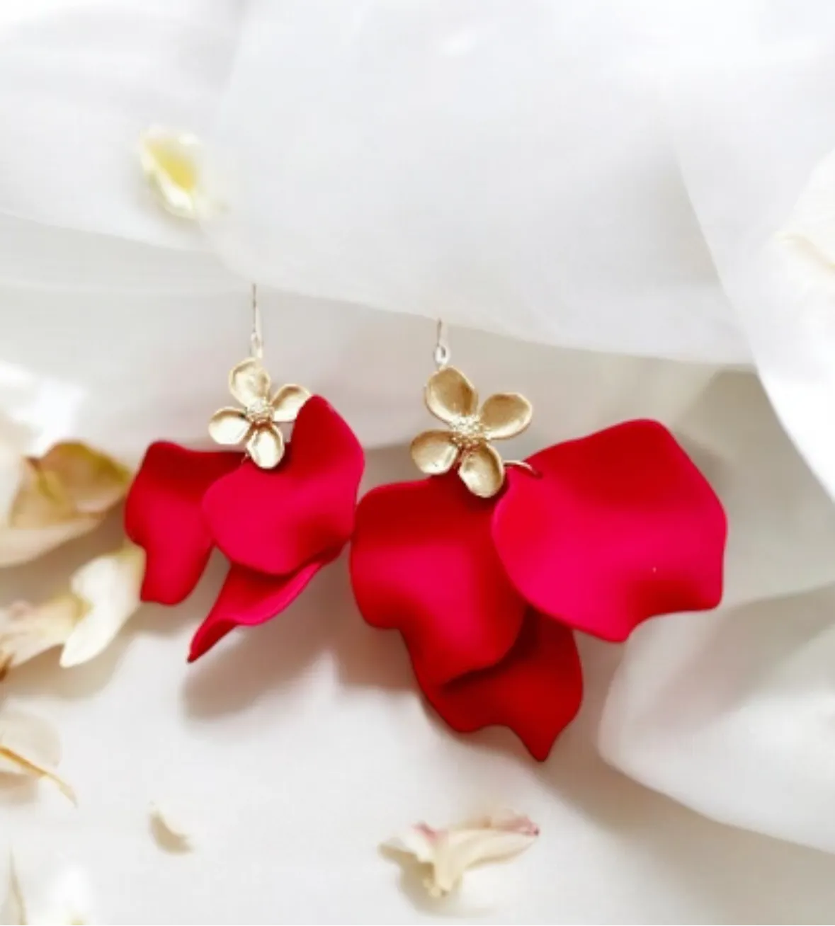 Red - Hot red flower earrings | dangle petals baroque earrings | unique golden chain floral earrings | bridal party wedding earrings