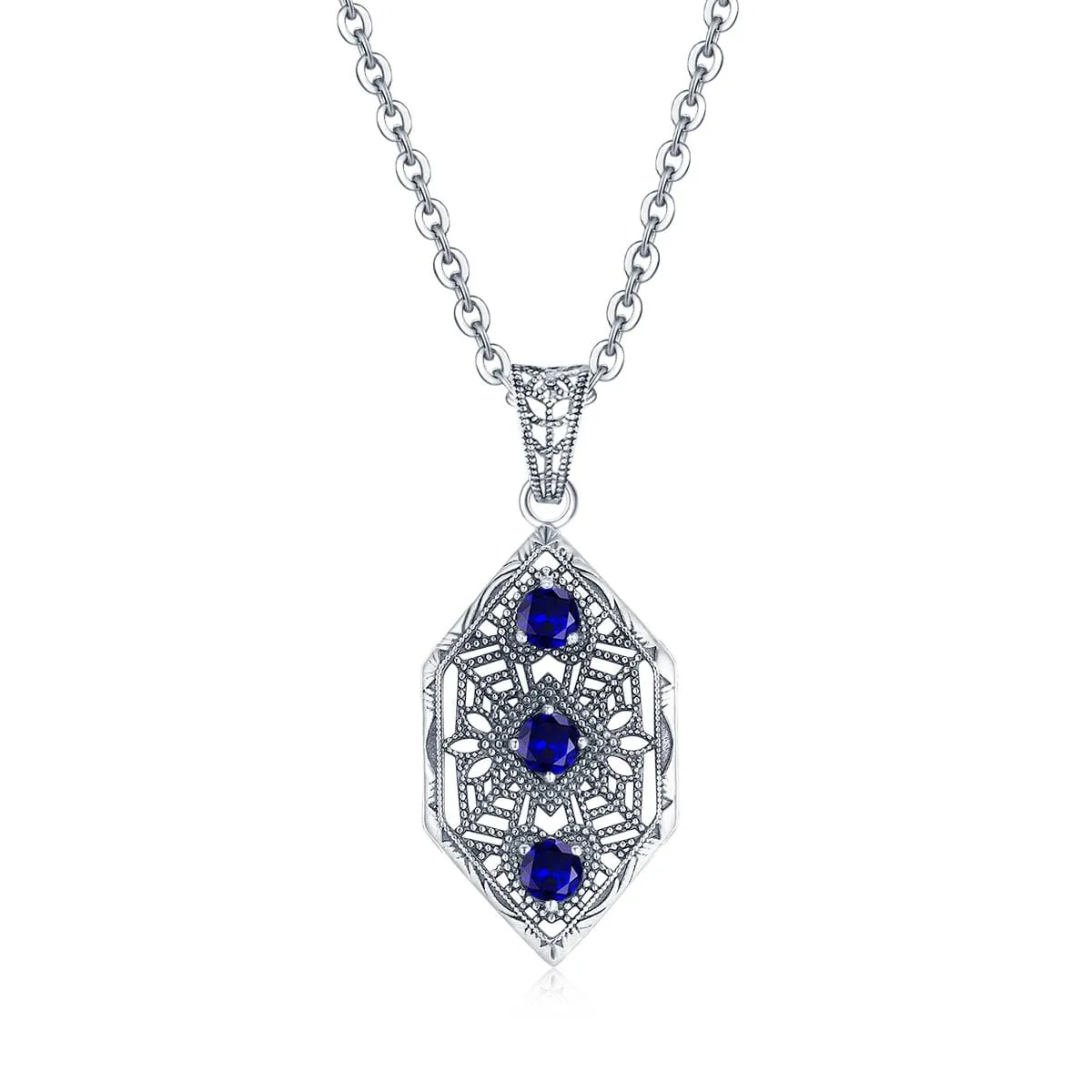 Sapphire 3 Stones Leaf 925 Sterling Silver Pendant (No Chain)