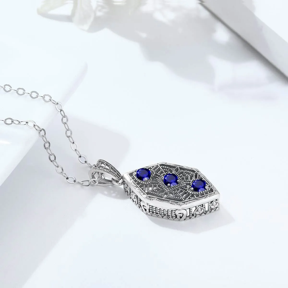 Sapphire 3 Stones Leaf 925 Sterling Silver Pendant (No Chain)