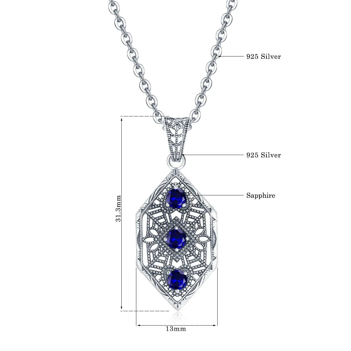 Sapphire 3 Stones Leaf 925 Sterling Silver Pendant (No Chain)