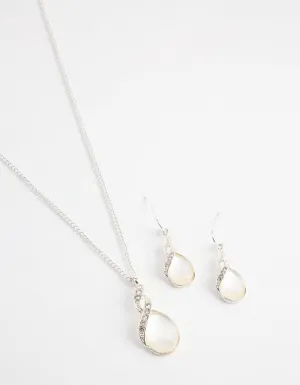 Silver Teardrop Cat Eye Necklace & Earrings Set