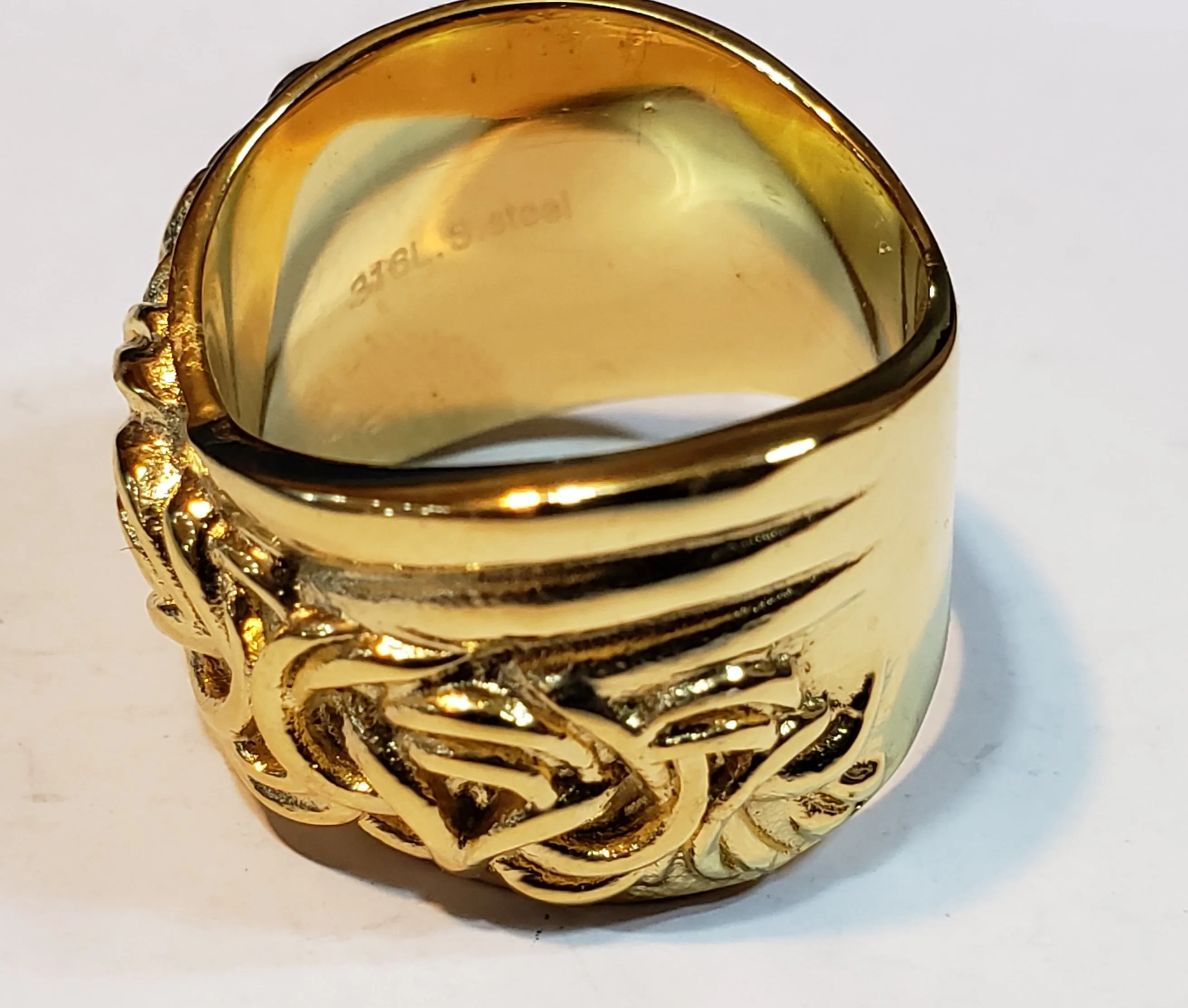 Size 7 Artisan Design Engraved on ION Plated Yellow Gold Stainless Steel Band Ring 