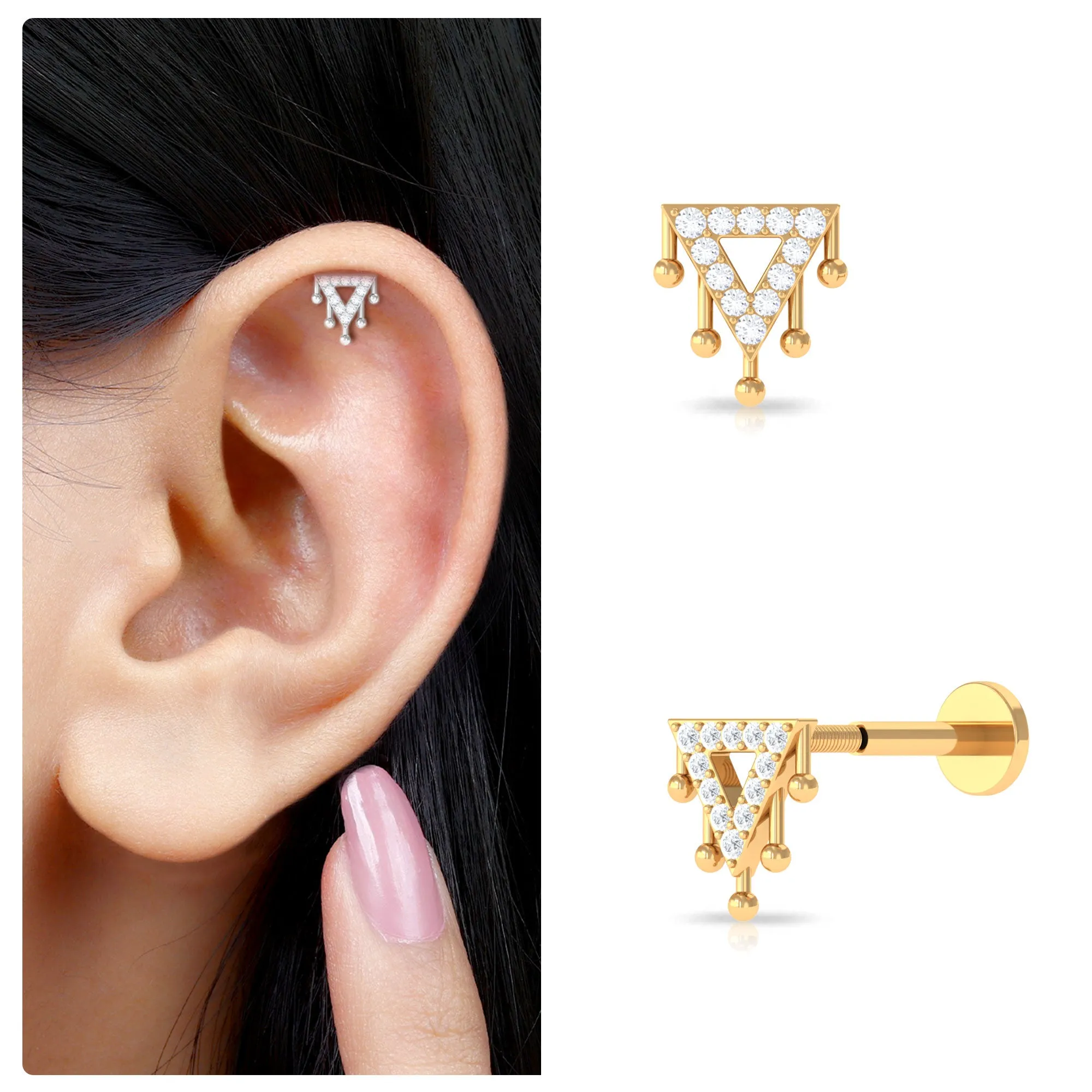 Unique Diamond Triangle 14K Gold Cartilage Earring