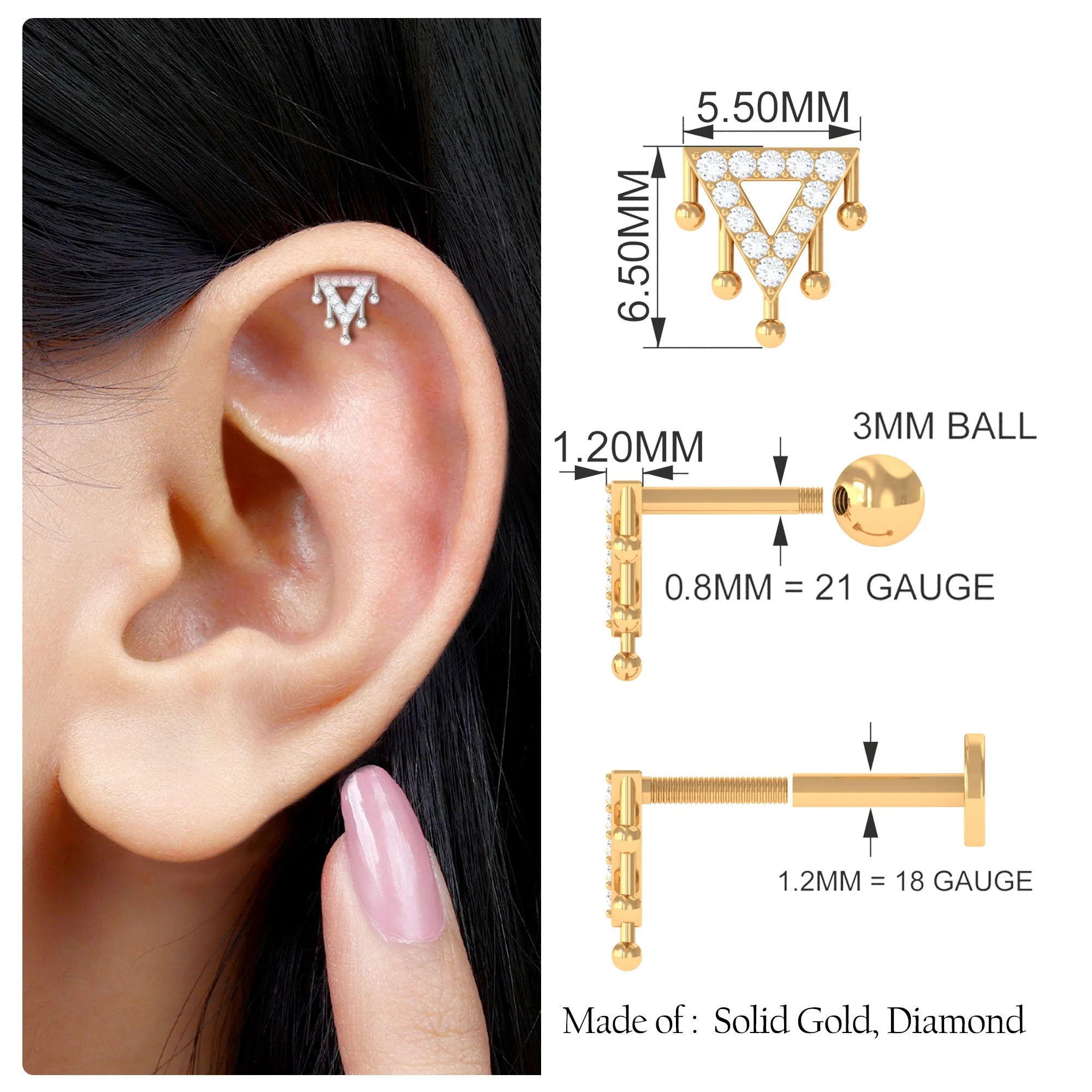 Unique Diamond Triangle 14K Gold Cartilage Earring