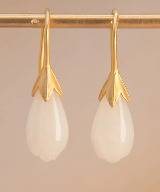 Unique Gold Sterling Silver Inlaid White Jade Drop Earrings