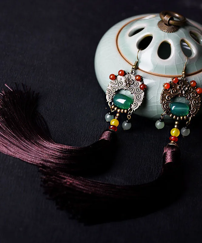 Unique Jade Silk Rope National Style Tassel Drop Earrings