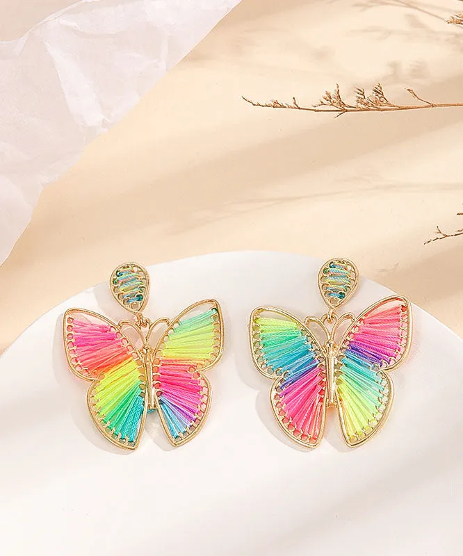 Unique Multicolour Butterfly Cotton Rope Knitted Alloy Drop Earrings