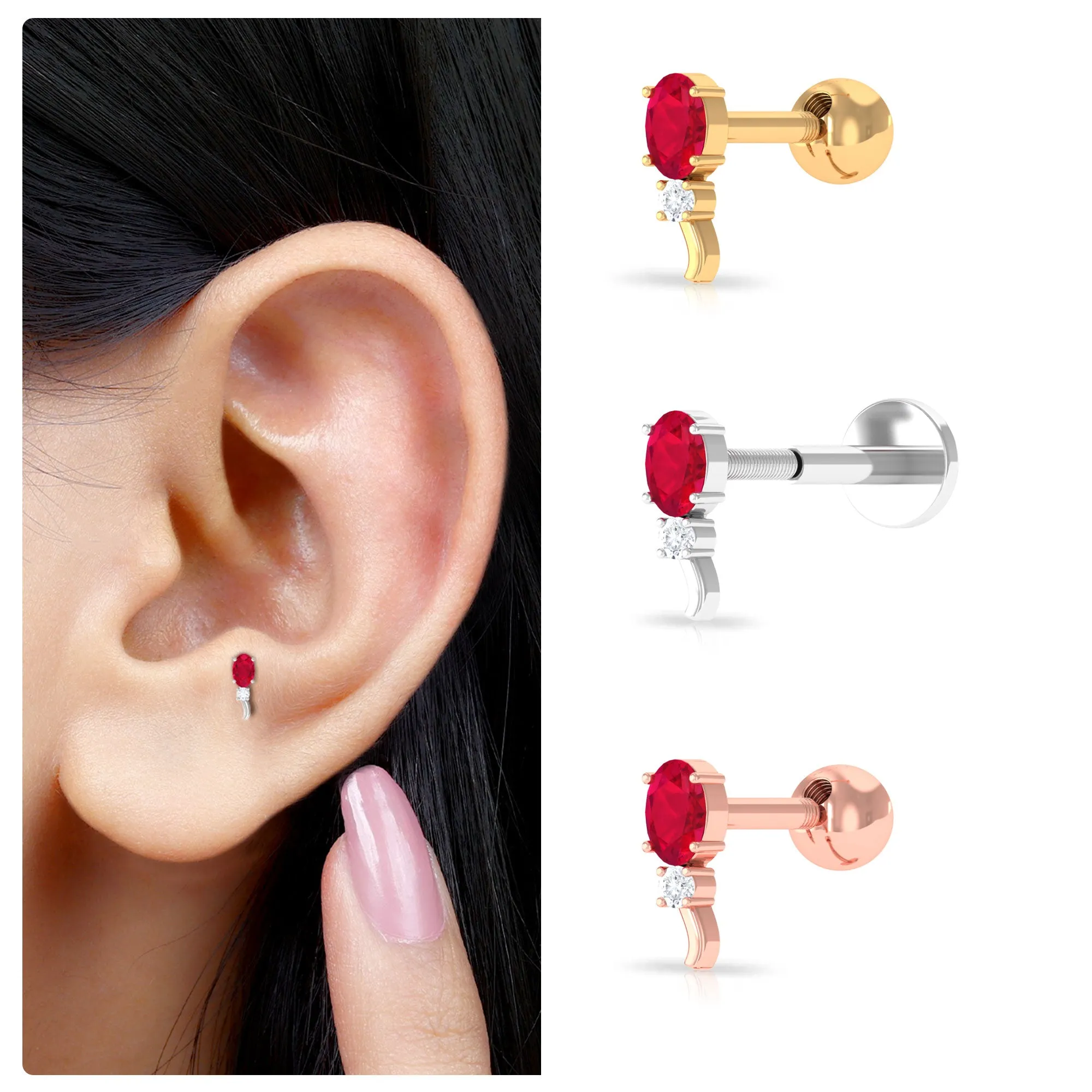 Unique Oval Ruby Forward Helix Earring with Diamond