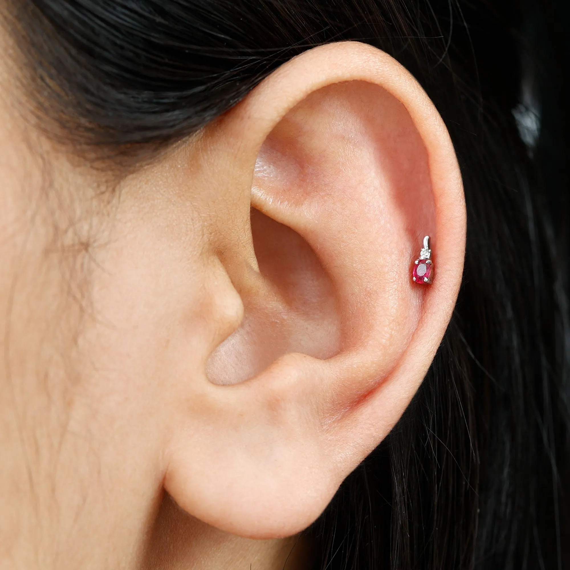 Unique Oval Ruby Forward Helix Earring with Diamond