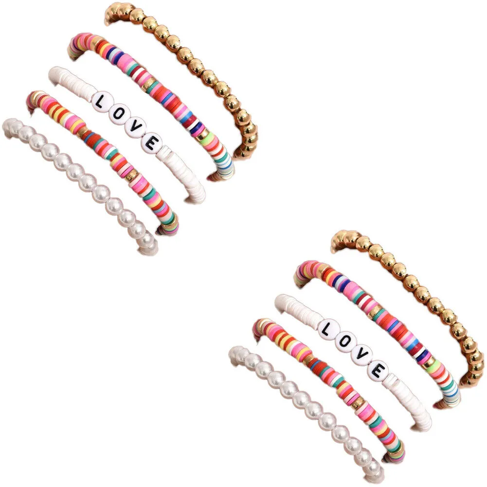 US 5-10 Pc Set Bohemian Colorful Clay Beaded Stackable Handmade Polymer Bracelet