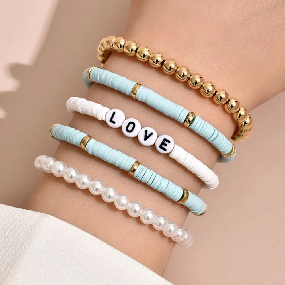 US 5-10 Pc Set Bohemian Colorful Clay Beaded Stackable Handmade Polymer Bracelet