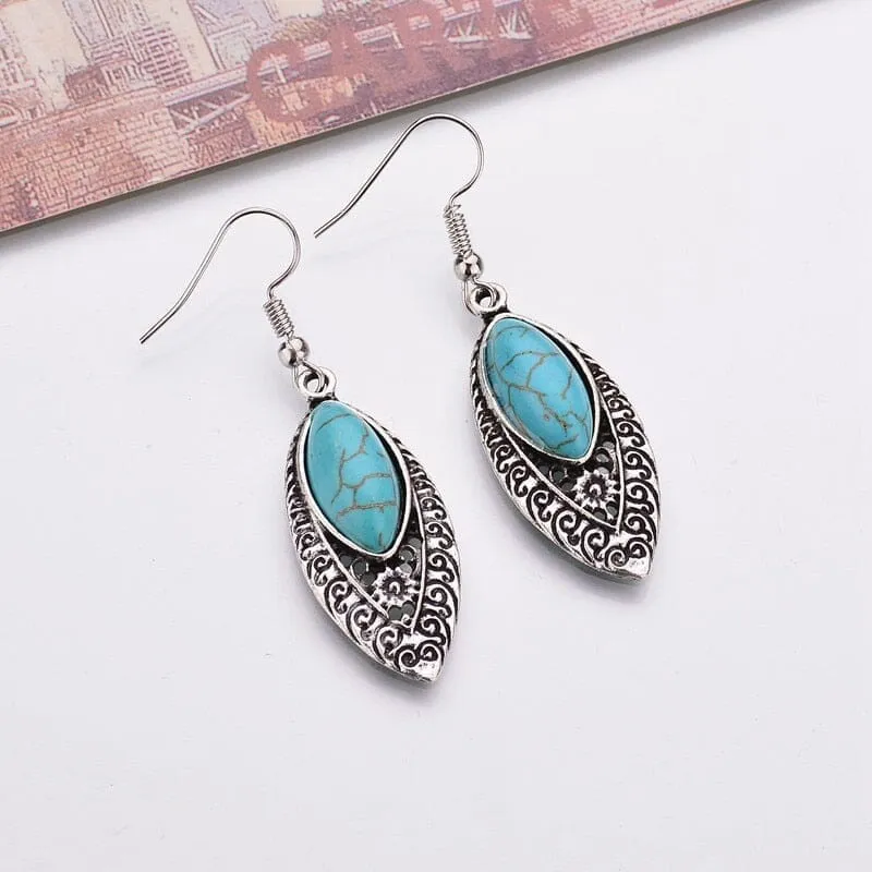 Vintage Marquise Blue Turquoise Stone Dangle Earrings